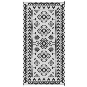 Reversible Outdoor Rug, Waterproof Plastic Straw with Carry Bag, 9' x 18', Black & White Rhombus Patchwork