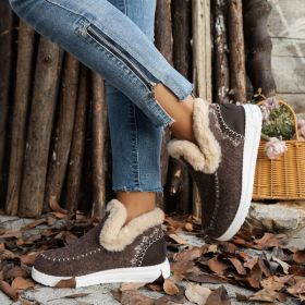 Fleece-lined Thick Plush Boots Warm Sewing Flat Cotton Shoes Winter Ankle Boot (Option: Brown-37)