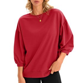 Fisoew Womens Puff Sleeve Sweatshirts Casual Crewneck Sleeve Loose Fit Fall Pullover Tops (Option: Red-M)