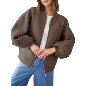 Fisoew Womens Zip Up Sweatshirt Casual Bomber Jacket Lantern Sleeve Oversized Jacket Fall Outfits 2025 (Option: Coffee-S)