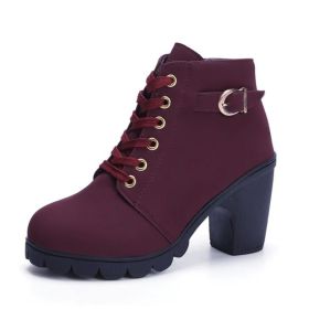 Fashoin Leopard Print Ankle Square Heel Suede Lace-up Zip Boots Women Casual Versatile Shoes Autumn And Winter (Option: Wine Red-38)