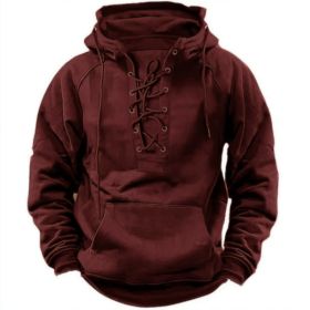 Ins Lace-up Hoodie Casual Sports Pocket Sweatshirt Men's Long-sleeved Top Clothing (Option: Wine Red-M)