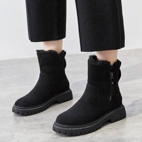 Middle Tube Plush Warm Cotton Shoes Leather And Fur Integrated Winter Women's Boots (Option: Black-44)