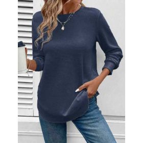 Women's Solid Color Round Neck Loose Stylish Sweatshirt (Option: Navy Blue-S)