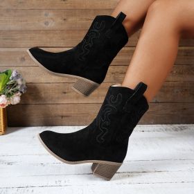 Pointed Toe Western Boots Fashion Retro Embroidered Chunky Square-heeled Mid-calf Boot For Women (Option: Black-36)