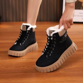 Ins Lace-up Snow Boots Winter Warm Fleece Flat Shoes For Women Fashion Casual Plush Ankle Boot (Option: Black-Size35)