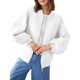 Fisoew Womens Zip Up Sweatshirt Casual Bomber Jacket Lantern Sleeve Oversized Jacket Fall Outfits 2025 (Option: White-S)