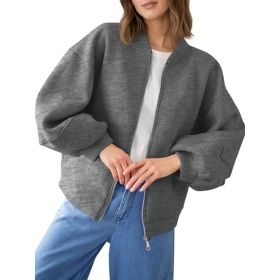 Fisoew Womens Zip Up Sweatshirt Casual Bomber Jacket Lantern Sleeve Oversized Jacket Fall Outfits 2025 (Option: Dark Grey-S)
