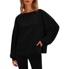 Fisoew Womens Casual Crewneck Sweatshirts Lantern Long Sleeve Side Slit Loose Sweatshirt Fall Crop Pullover Tops (Option: Black-XL)