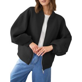 Fisoew Womens Zip Up Sweatshirt Casual Bomber Jacket Lantern Sleeve Oversized Jacket Fall Outfits 2025 (Option: Black-XXL)