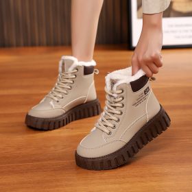 Ins Lace-up Snow Boots Winter Warm Fleece Flat Shoes For Women Fashion Casual Plush Ankle Boot (Option: Khaki-Size35)