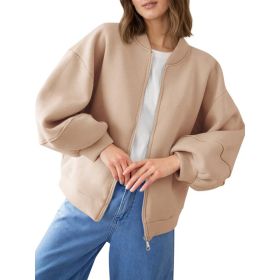 Fisoew Womens Zip Up Sweatshirt Casual Bomber Jacket Lantern Sleeve Oversized Jacket Fall Outfits 2025 (Option: Khaki-M)