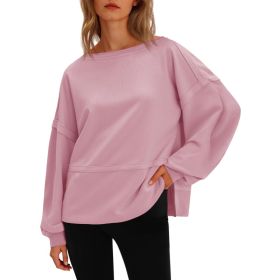 Fisoew Womens Casual Crewneck Sweatshirts Lantern Long Sleeve Side Slit Loose Sweatshirt Fall Crop Pullover Tops (Option: Pink-M)