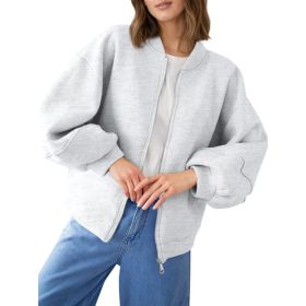 Fisoew Womens Zip Up Sweatshirt Casual Bomber Jacket Lantern Sleeve Oversized Jacket Fall Outfits 2025 (Option: Light Grey-M)