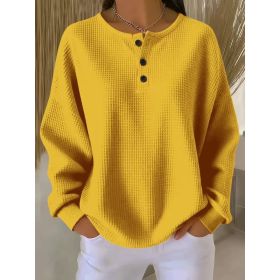 Ins Waffle Long-sleeved T-shirt Fashion Solid Color Buttons Round Neck Pullover Top Women's Clothing (Option: Yellow-S)