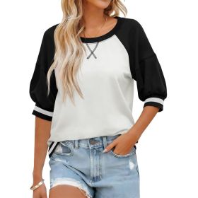 Fisoew Womens Crewneck Sweatshirt Ribbed Raglan Half Sleeve Pullover Tops Color Block Loose Fit Sweatshirts (Option: Black-L)