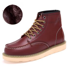 2024 new fashion men's Doc Martens single shoes cotton shoes warm (Color: Burgundy with velvet, size: 39)