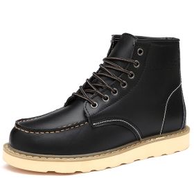 Autumn and winter men's cashmere plus large size two layer cowhide Martin boots fashion trend comfortable warm men's ankle boots (Color: Black fleece, size: 43)