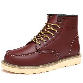 Autumn and winter men's cashmere plus large size two layer cowhide Martin boots fashion trend comfortable warm men's ankle boots (Color: Wine red with velvet, size: 38)