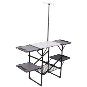 Folding Camping Kitchen Table, Portable Outdoor Cooking Station with Heat Resistant Top, 4 Side Tables & Lower Storage Rack for Picnic, Tailgatin (Color: black, size: WithPost)