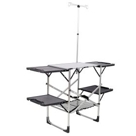 Folding Camping Kitchen Table, Portable Outdoor Cooking Station with Heat Resistant Top, 4 Side Tables & Lower Storage Rack for Picnic, Tailgatin (Color: Silver, size: WithPost)