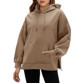 Fisoew Women's Hoodies Oversized Sweatshirts Casual Long Sleeve Side Slit Pullover Tops Fall Winter Outfits With Pocket (Option: Khaki-L)