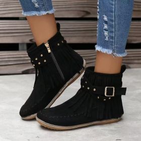 Retro Ankle Boots With Rivet Tassel Flat Shoes Women Winter Boots (Option: Black-41.)