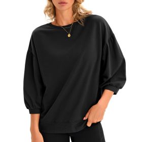 Fisoew Womens Puff Sleeve Sweatshirts Casual Crewneck Sleeve Loose Fit Fall Pullover Tops (Option: Black-L)