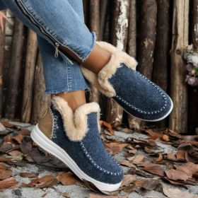 Fleece-lined Thick Plush Boots Warm Sewing Flat Cotton Shoes Winter Ankle Boot (Option: Dark Blue-43)