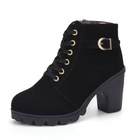 Fashoin Leopard Print Ankle Square Heel Suede Lace-up Zip Boots Women Casual Versatile Shoes Autumn And Winter (Option: Black-39)