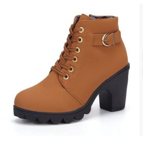 Fashoin Leopard Print Ankle Square Heel Suede Lace-up Zip Boots Women Casual Versatile Shoes Autumn And Winter (Option: Yellow-39)