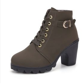 Fashoin Leopard Print Ankle Square Heel Suede Lace-up Zip Boots Women Casual Versatile Shoes Autumn And Winter (Option: Army Green-39)