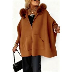 Ins Plush Hooded Cardigan Fashion Warm Pockets Zip-up Knitted Jacket Casual Outerwear Batwing Sleeve Sweater Women's Clothing (Option: Brown-M)