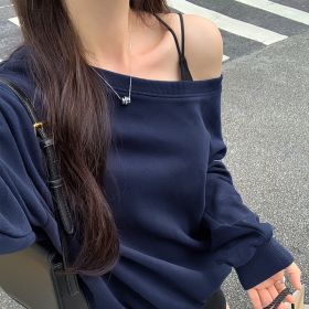 Casual Loose Shoulder Sweater For Women (Option: Navy Blue-M)
