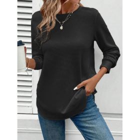 Women's Solid Color Round Neck Loose Stylish Sweatshirt (Option: Black-M)