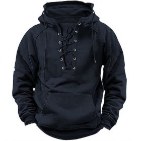 Ins Lace-up Hoodie Casual Sports Pocket Sweatshirt Men's Long-sleeved Top Clothing (Option: Black-M)