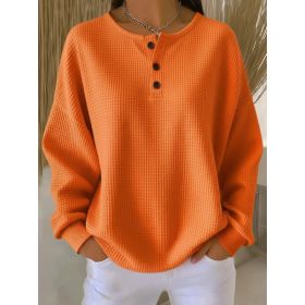 Ins Waffle Long-sleeved T-shirt Fashion Solid Color Buttons Round Neck Pullover Top Women's Clothing (Option: Orange-L)