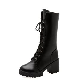 Thick Bottom Increased By Lace-up Booties All-match Middle Tube Motorcycle Boots (Option: Black-37)