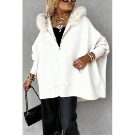 Ins Plush Hooded Cardigan Fashion Warm Pockets Zip-up Knitted Jacket Casual Outerwear Batwing Sleeve Sweater Women's Clothing (Option: White-L)