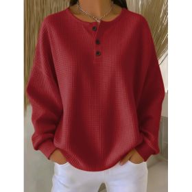Ins Waffle Long-sleeved T-shirt Fashion Solid Color Buttons Round Neck Pullover Top Women's Clothing (Option: Red-4XL)