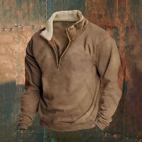 Retro Patchwork Half Cardigan Men's Long-sleeved Sweater (Option: Khaki-L)