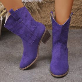 Pointed Toe Western Boots Fashion Retro Embroidered Chunky Square-heeled Mid-calf Boot For Women (Option: Purple-38)
