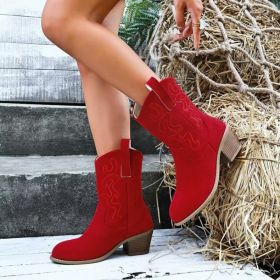 Pointed Toe Western Boots Fashion Retro Embroidered Chunky Square-heeled Mid-calf Boot For Women (Option: Red-38)