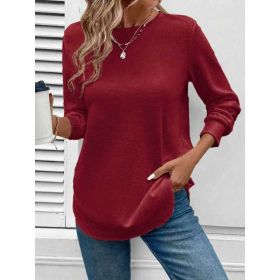 Women's Solid Color Round Neck Loose Stylish Sweatshirt (Option: Wine Red-L)