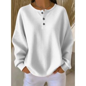 Ins Waffle Long-sleeved T-shirt Fashion Solid Color Buttons Round Neck Pullover Top Women's Clothing (Option: White-3XL)